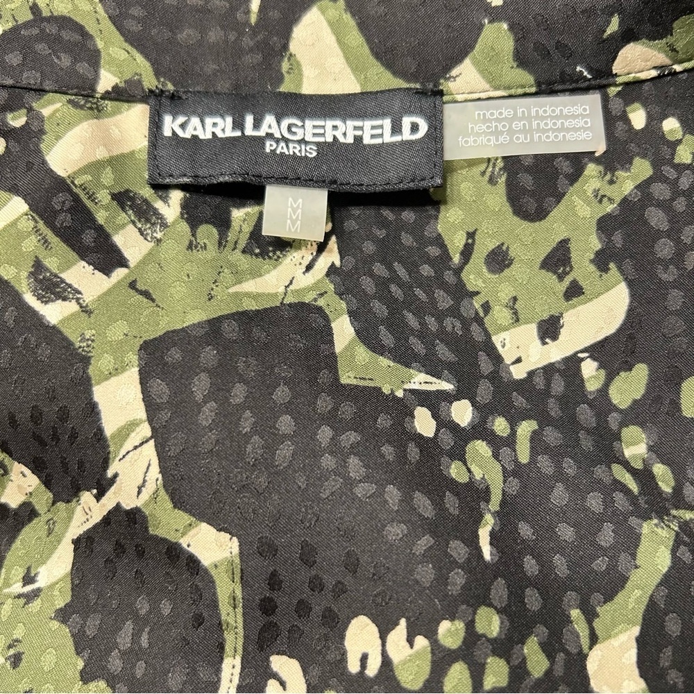 Karl Lagerfeld Black and Green Patterned Tie Front Top SZ M - Picture 4 of 5